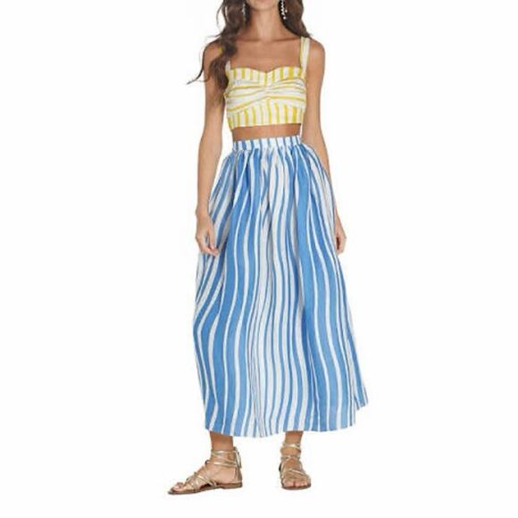 Bambah Dresses & Skirts - Bambah Beach Blue and White Sicily Striped 100% Linen Midi Skirt sz 12